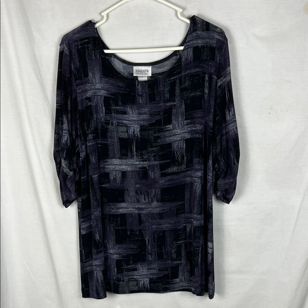 Chico's Travelers Black and Purple Blouse with Ruffle Sleeves